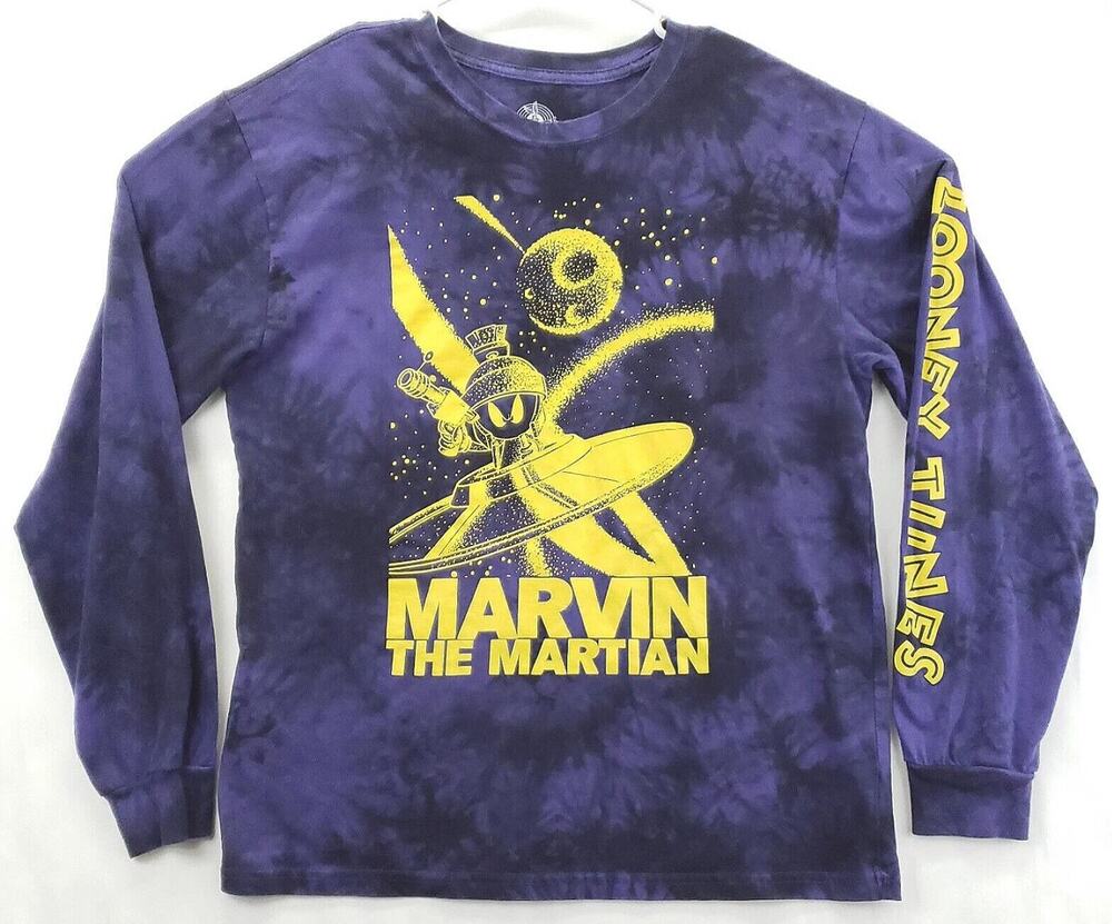 Looney Tunes Shirt Men's Large (42/44) Purple Cotton Tie Dye Marvin The Martian